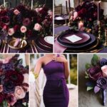 A photo collage of dark purple, burgundy, and pink wedding color ideas.