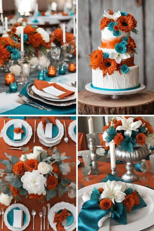 A photo collage of burnt orange and teal wedding color ideas.