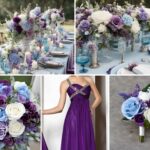 A photo collage of light blue, purple, and white wedding color ideas.