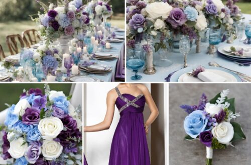 A photo collage of light blue, purple, and white wedding color ideas.