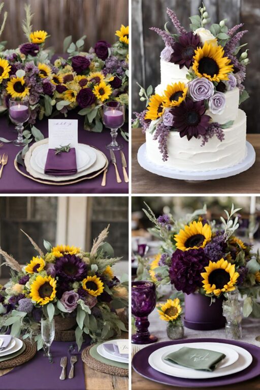 A photo collage of plum, light purple, sage green, and sunflower wedding color ideas.