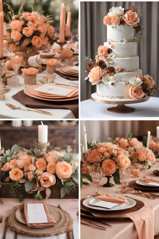 A photo collage of peach and brown wedding color ideas.