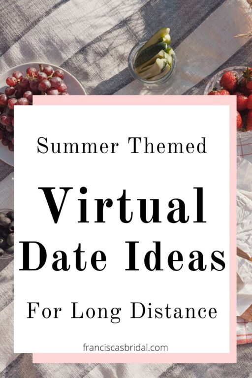 A beach picnic with text summer themed virtual date ideas.