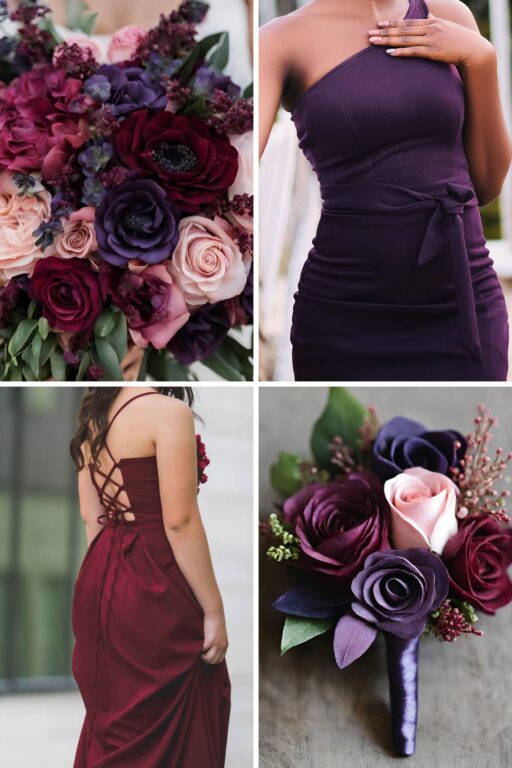 A photo collage of dark purple, burgundy, and pink wedding color ideas.