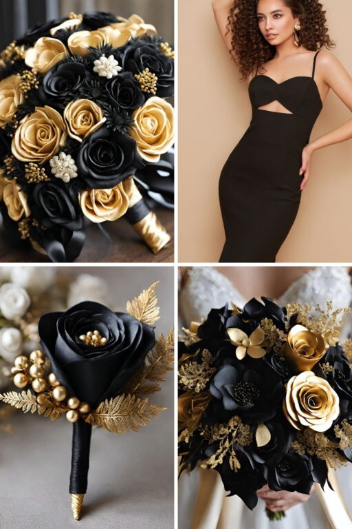 A photo collage of black and gold wedding color ideas.
