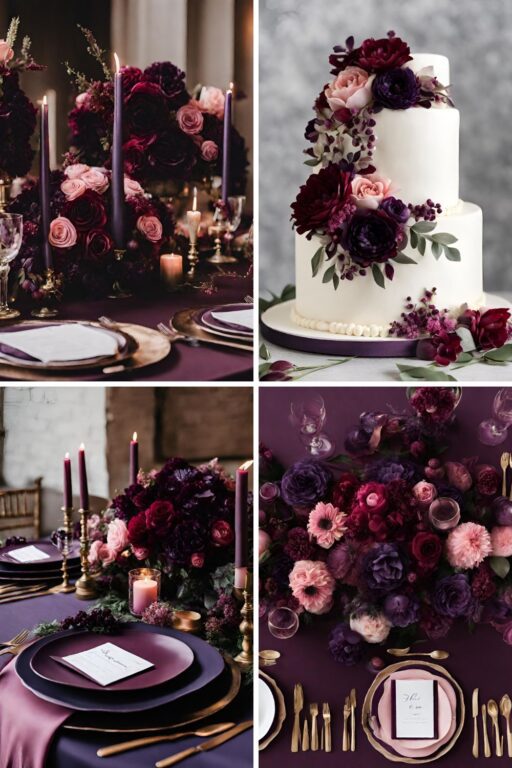 A photo collage of dark purple, burgundy, and pink wedding color ideas.