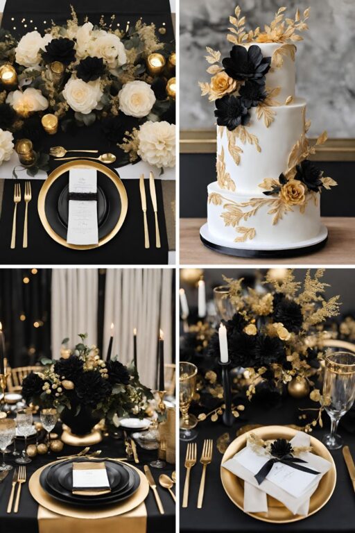 A photo collage of black and gold wedding color ideas.