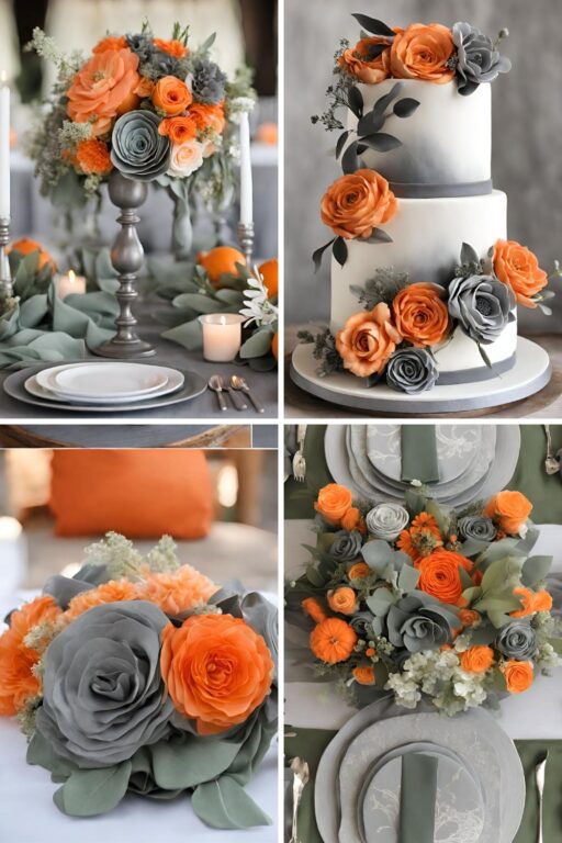 A photo collage with orange, tangerine, light grey, and dark grey wedding color ideas.