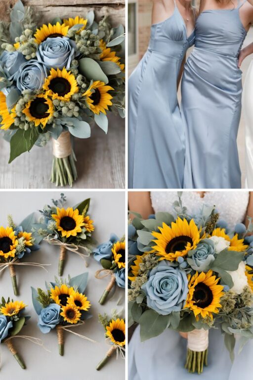 A photo collage of dusty blue, sage green, and sunflower wedding color ideas.