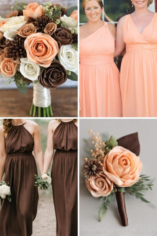 A photo collage of peach and brown wedding color ideas.