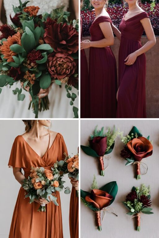 A photo collage of burgundy, terracotta, and emerald green wedding color ideas.