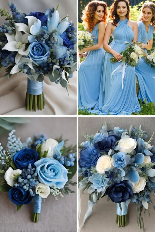 A photo collage of different shades of blue wedding color ideas.