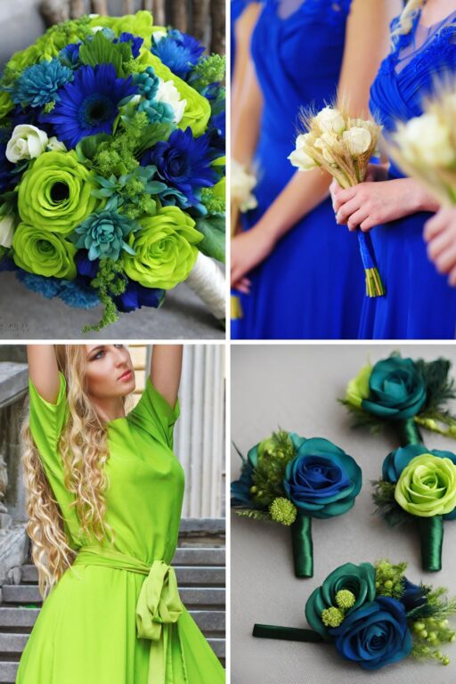 A photo collage of peacock themed wedding color ideas.