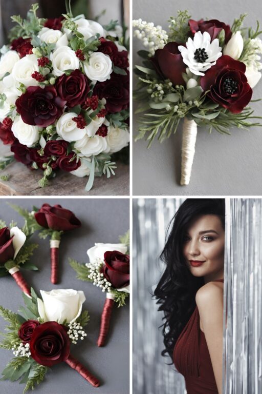 A photo collage of cabernet red and white wedding color ideas.