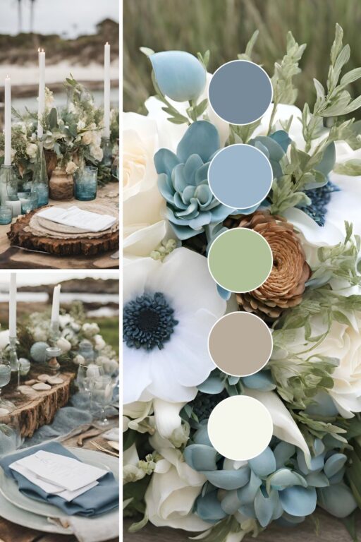 A photo collage of coastal rustic themed wedding color ideas.