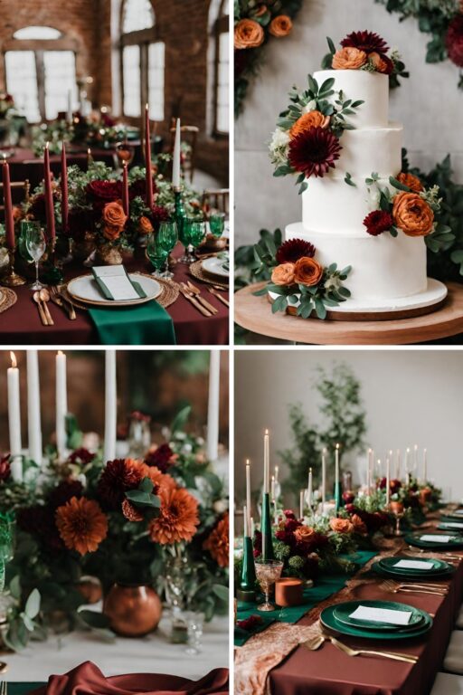 A photo collage of burgundy, terracotta, and emerald green wedding color ideas.