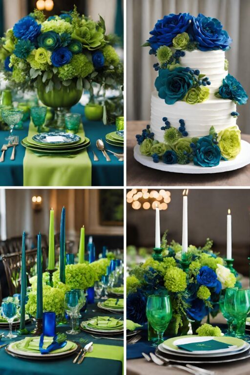 A photo collage of peacock themed wedding color ideas.