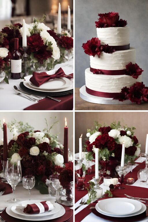 A photo collage of cabernet red and white wedding color ideas.