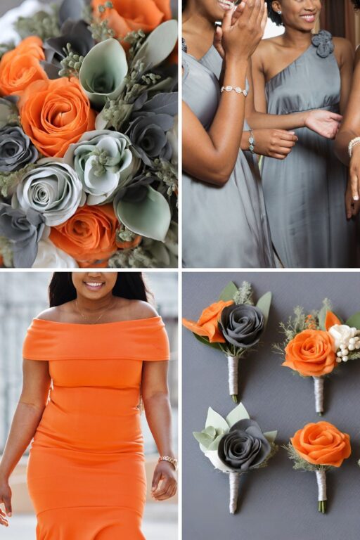 A photo collage with orange, tangerine, light grey, and dark grey wedding color ideas.