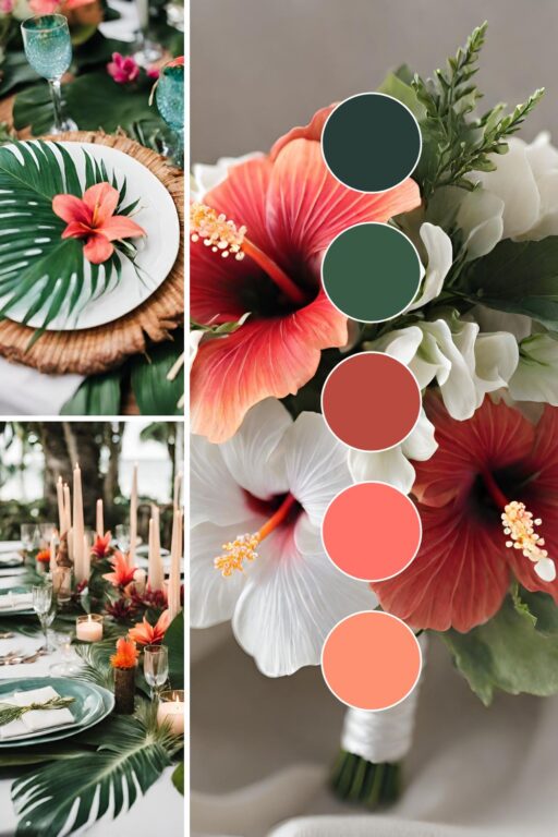 A photo collage of tropical fiesta themed wedding color ideas.