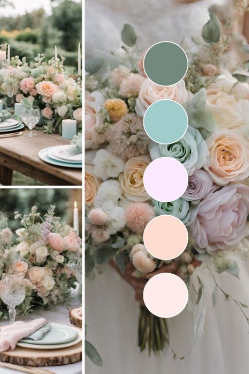 A photo collage of garden themed wedding color ideas.