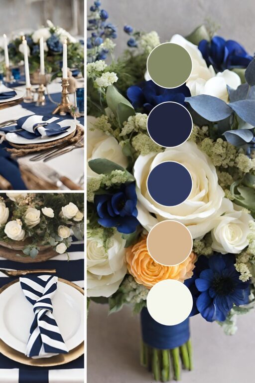 A photo collage of nautical themed wedding color ideas.