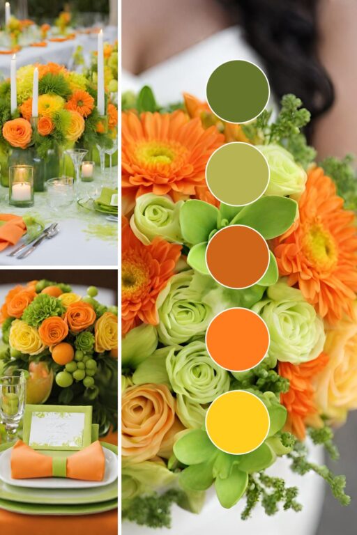 A photo collage of citrus themed wedding color ideas.