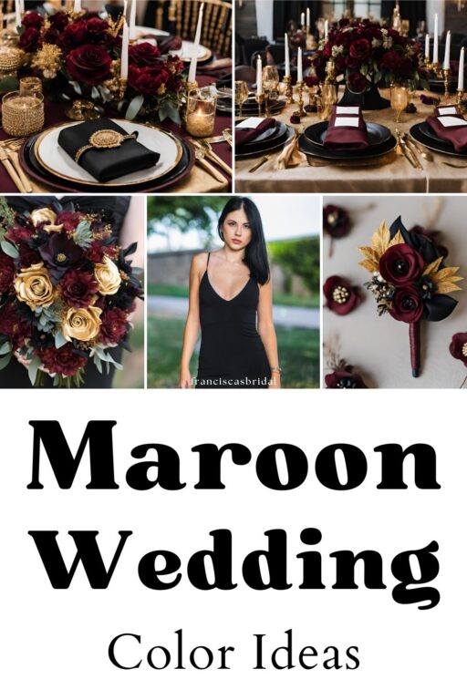 A photo collage of maroon and black wedding color ideas.