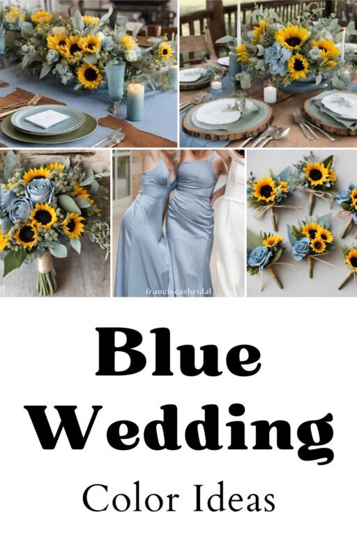 A photo collage of dusty blue and sunflower wedding color ideas.