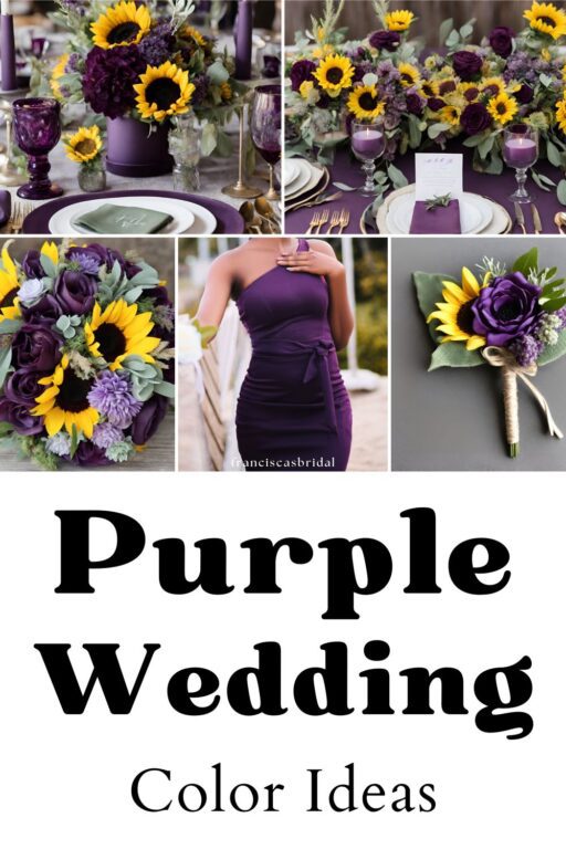 A photo collage of purple and sunflower wedding colors.