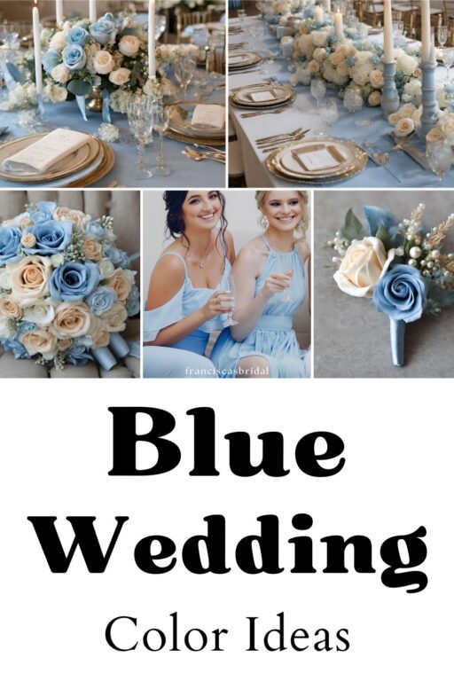 A photo collage of powder blue and champagne wedding color ideas.