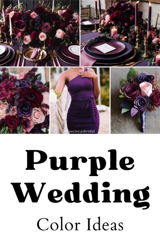 A photo collage of dark purple and burgundy wedding color ideas.