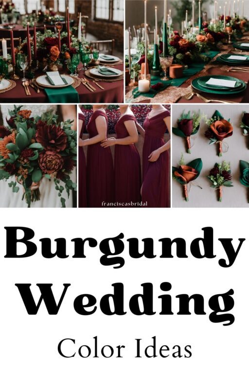 A photo collage of burgundy and emerald green wedding color ideas.