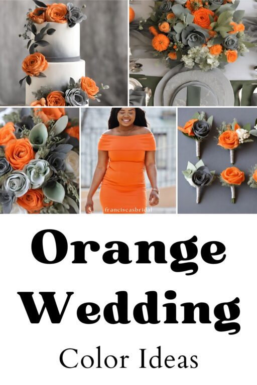 A photo collage of orange wedding color palette ideas.