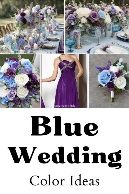 A photo collage of light blue and purple wedding color ideas.