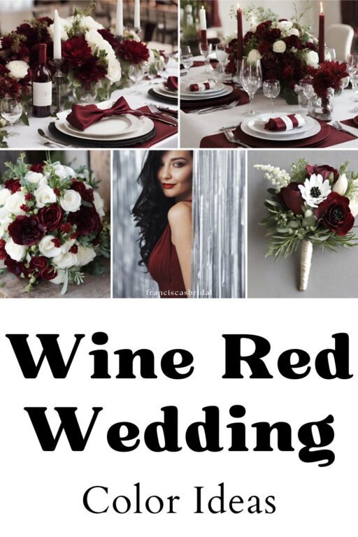 A photo collage of cabernet red wedding color ideas.