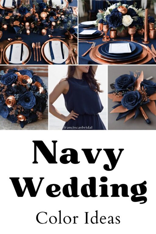 A photo collage of navy blue and copper wedding color ideas.