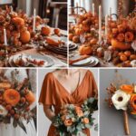 A photo collage of fall themed orange wedding color ideas.