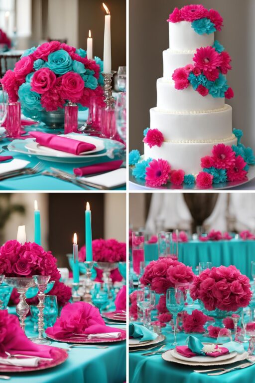 A photo collage of hot pink and aqua blue wedding color ideas.