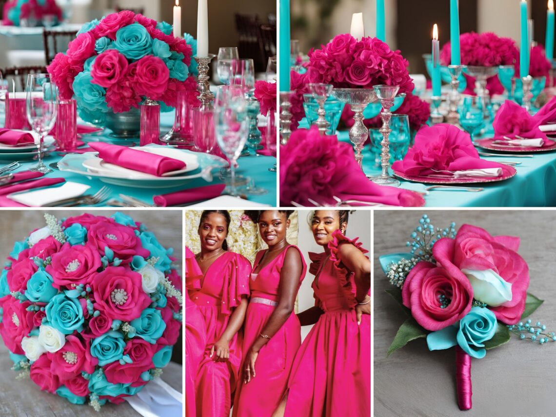 A photo collage of hot pink and aqua blue wedding color ideas.