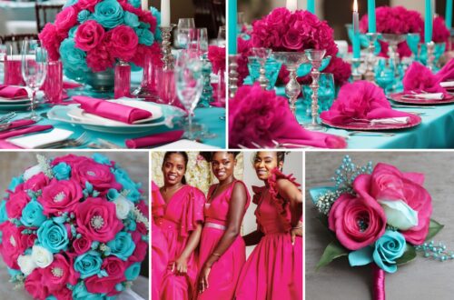 A photo collage of hot pink and aqua blue wedding color ideas.