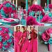 A photo collage of hot pink and aqua blue wedding color ideas.