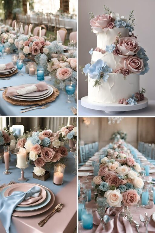 A photo collage of dusty rose, baby, blue, and ivory wedding color ideas.