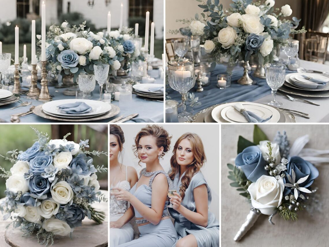A photo collage of dusty blue, silver, and white wedding color ideas.