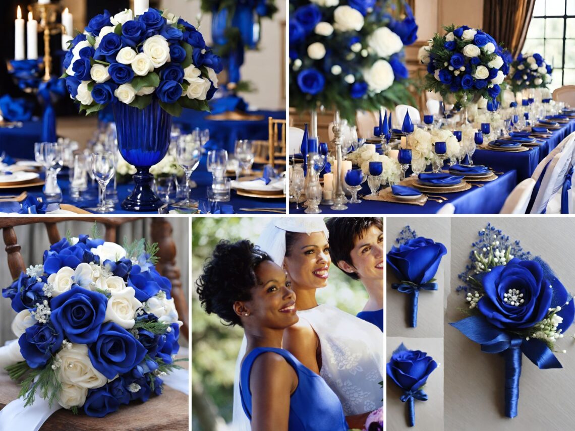 A photo collage of royal blue and white wedding color ideas.