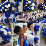 A photo collage of royal blue and white wedding color ideas.