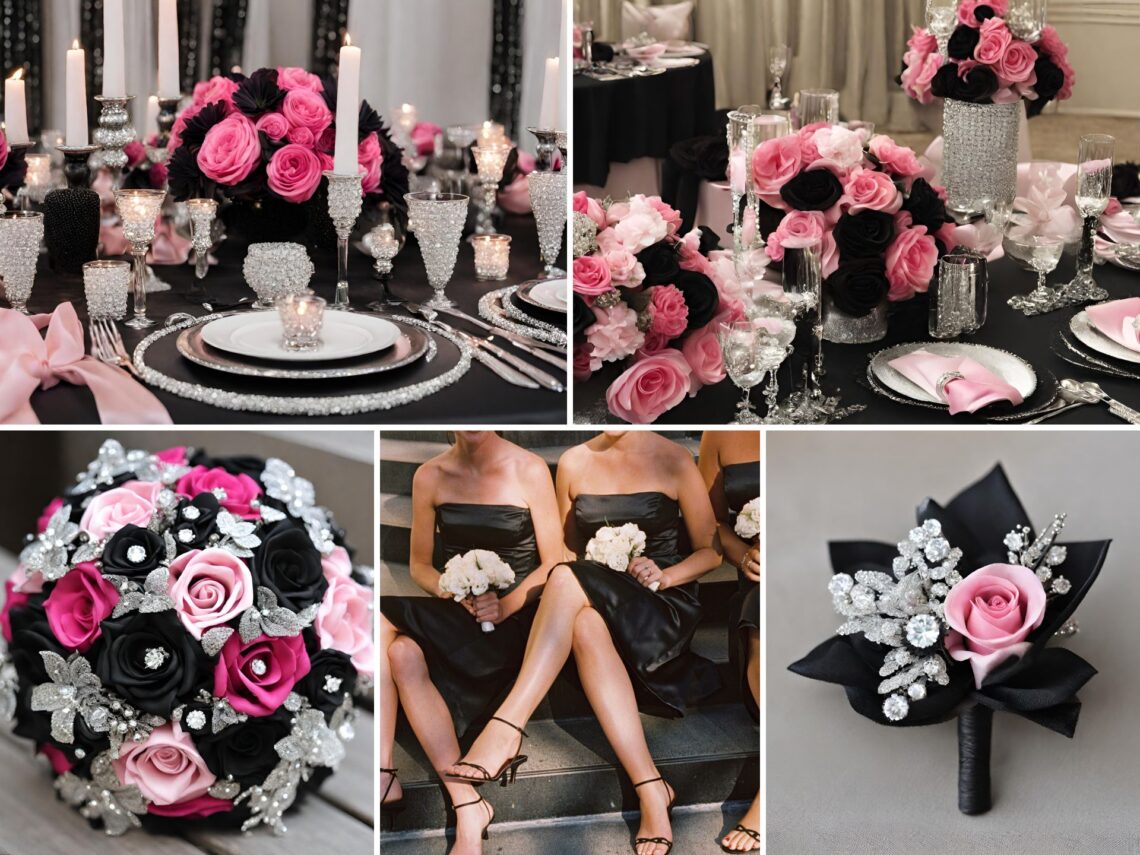 A photo collage of black, hot pink, light pink, and diamond wedding color ideas.