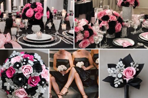 A photo collage of black, hot pink, light pink, and diamond wedding color ideas.