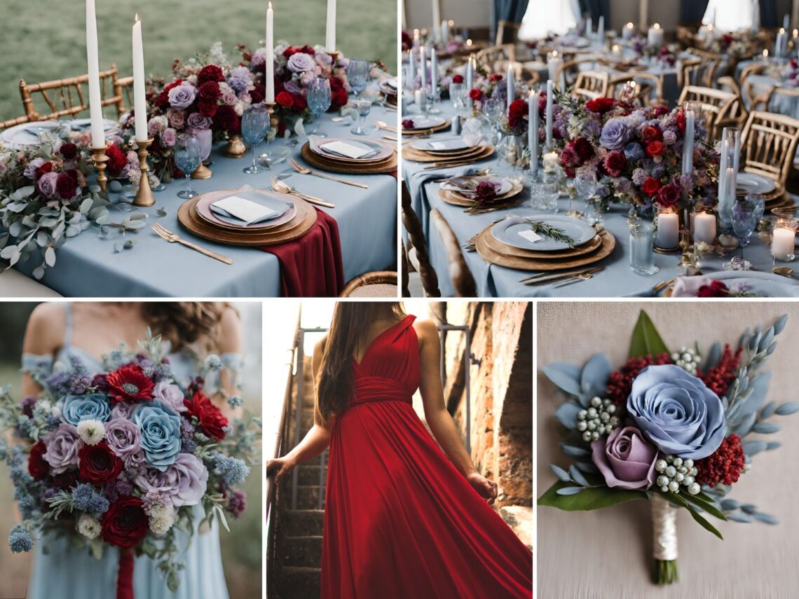 A photo collage of dusty blue, light purple, and red wedding color ideas.