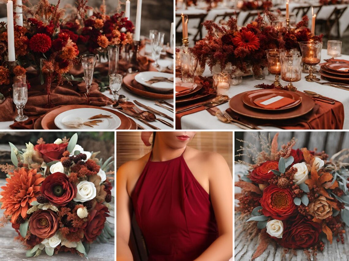 A photo collage of red and rust wedding color ideas.